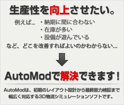 生産性を向上させたい。AutoModで解決できます！AutoModは、初期のレイアウト設計から最終能力検証まで幅広く対応する3D物流シミュレーションソフトです。